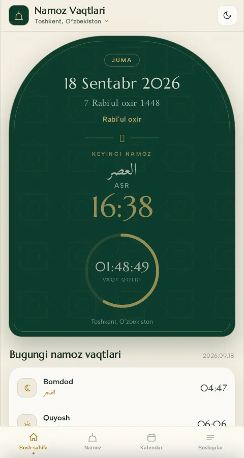 Muslim Taqvim — ilova ko'rinishi